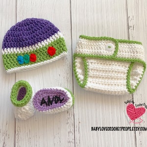 Buzz Lightyear Toy Story Disney Infant Newborn Baby Outfit Beanie Hat Booties Shoes Diaper Cover Crochet Photography Photo Prop