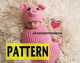 MOTIF UNIQUEMENT Cochon Porcelet Cochon Nourrisson Nouveau-Né Bébé Tenue Bonnet Noeud Papillon Noeud Papillon Cocon Sac Bundle Crochet Photographie Photo Prop