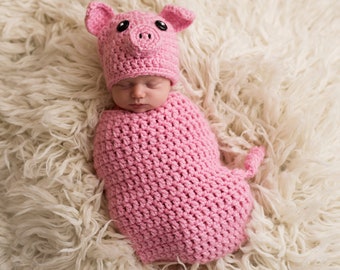 Cochon Cochon Porcinet Animal Infantile Nouveau-Né Bébé Tenue Bonnet Chapeau Coocoon Bundle Sac Crochet Photographie Photo Prop