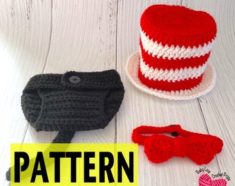 PATTERN ONLY Cat With Red White Top Hat Bow Tie Feline Animal Tail Infant Newborn Baby Outfit Beanie Diaper Cover Crochet Prop