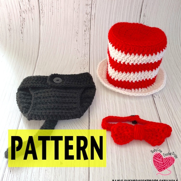 PATTERN ONLY Cat With Red White Top Hat Bow Tie Feline Animal Tail Infant Newborn Baby Outfit Beanie Diaper Cover Crochet Prop