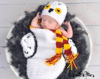 Hedwig Harry Potter Owl Gryffindor Inspired Infant Newborn Baby Outfit Beanie Hat Cocoon Sack Bundle Crochet Photography Photo Prop