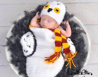 Hedwig Harry Potter Owl Gryffindor Inspired Infant Newborn Baby Outfit Beanie Hat Cocoon Sack Bundle Crochet Photography Photo Prop