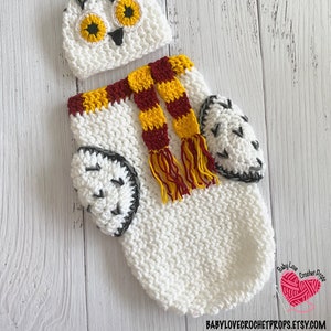 Hedwig Harry Potter Owl Gryffindor Inspired Infant Newborn Baby Outfit Beanie Hat Cocoon Sack Bundle Crochet Photography Photo Prop image 5