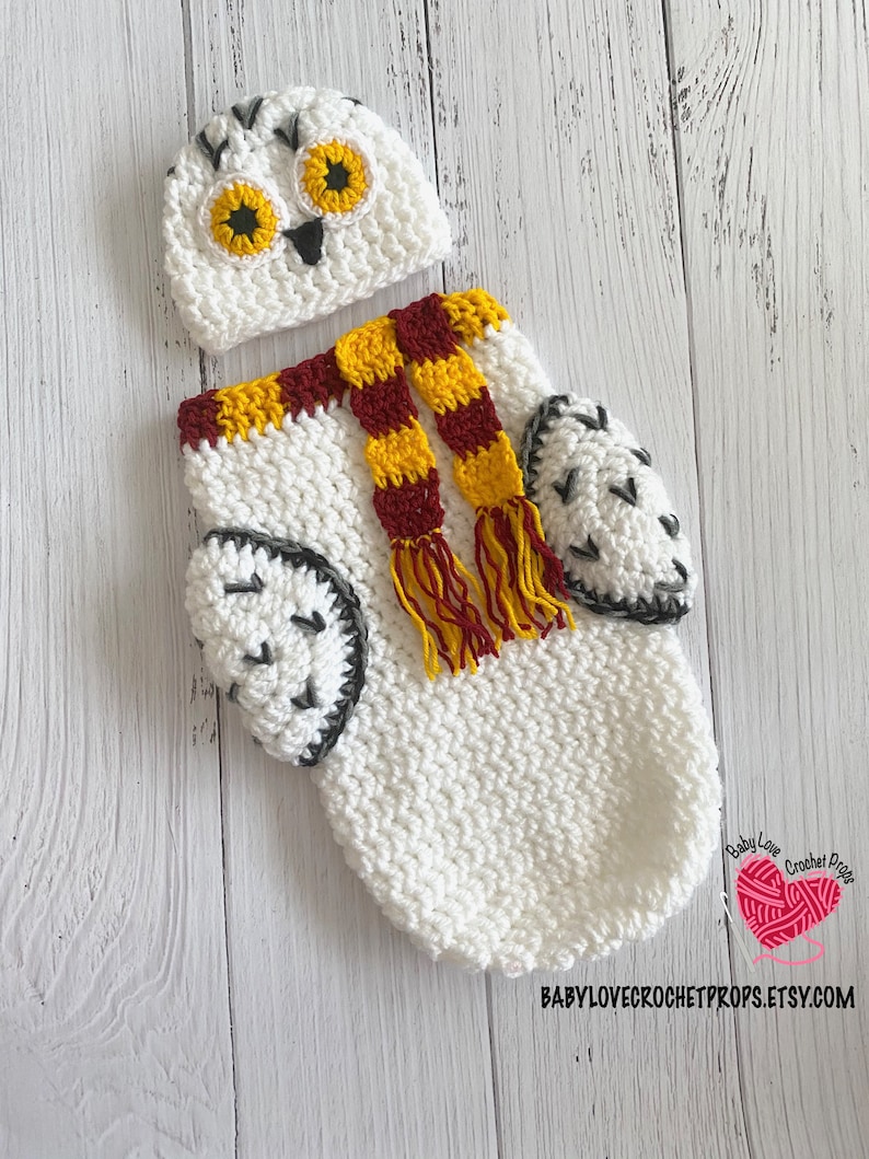 Hedwig Harry Potter Owl Gryffindor Inspired Infant Newborn Baby Outfit Beanie Hat Cocoon Sack Bundle Crochet Photography Photo Prop image 5
