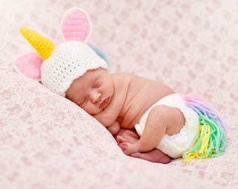 Unicorn Infant Newborn Baby Outfit Beanie Hat Diaper Cover Crochet Photography Photo Prop