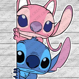 May include: A sticker featuring the characters Angel and Stitch from Lilo & Stitch. Angel is pink, and Stitch is blue. Both characters are peeking from behind a white border. The sticker has a glossy finish.