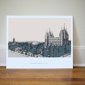 May include: A black and white illustration of the Salt Lake Temple in Salt Lake City, Utah. The image is dated 1911 and shows the temple with surrounding trees and buildings. The text "Temple Square, Salt Lake City, Utah - 1911" is at the bottom of the image.