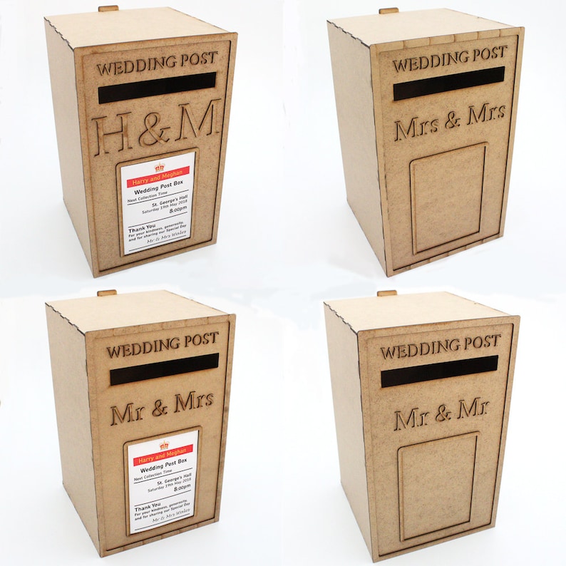 May include: Four wooden wedding post boxes. Each box is rectangular with a slot at the top and a door on the front. The text "WEDDING POST" is above the slot. One box has "H&M", another "Mrs & Mrs", and two have "Mr & Mrs". Each box has a small label.