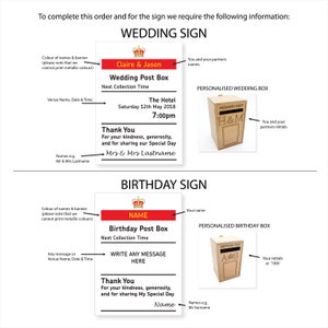May include: A design guide for personalized wedding and birthday signs. The wedding sign includes space for names, date, and time, with a matching post box. The birthday sign offers similar customization options. Both signs feature a crown emblem.