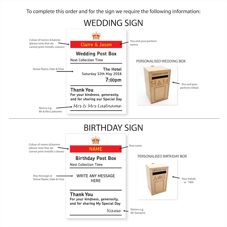 May include: A design guide for personalized wedding and birthday signs. The wedding sign includes space for names, date, and time, with a matching post box. The birthday sign offers similar customization options. Both signs feature a crown emblem.