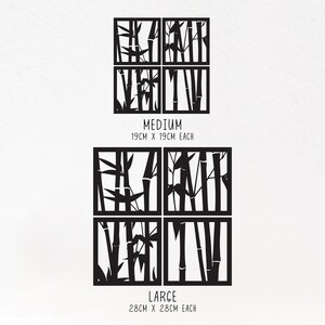 May include: Black bamboo-themed wall art in two sizes: medium, 19cm x 19cm each, and large, 28cm x 28cm each. Each size features four square panels with a bamboo forest design. The text "MEDIUM" and "LARGE" are included.