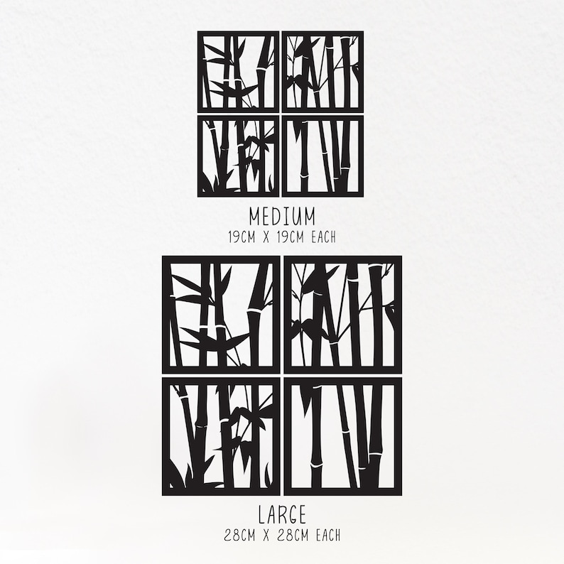 May include: Black bamboo-themed wall art in two sizes: medium, 19cm x 19cm each, and large, 28cm x 28cm each. Each size features four square panels with a bamboo forest design. The text "MEDIUM" and "LARGE" are included.