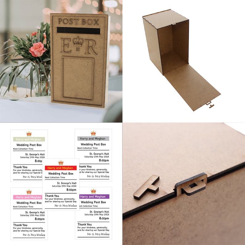 May include: A wooden wedding post box with the text "POST BOX" and "ER" engraved on the front. The box has a slot for cards and is accompanied by several invitation cards with the text "Harry and Meghan Wedding Post Box".