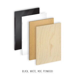 May include: Four rectangular panels in black, white, MDF, and plywood are arranged diagonally against a white background. The text "BLACK, WHITE, MDF, PLYWOOD" is printed at the bottom of the image.