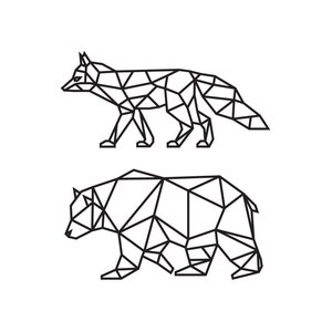 May include: A black and white graphic illustration featuring two animals rendered in a geometric line art style. The top figure is a fox in a walking pose, and the bottom figure is a bear in a walking pose, both composed of connected straight lines.