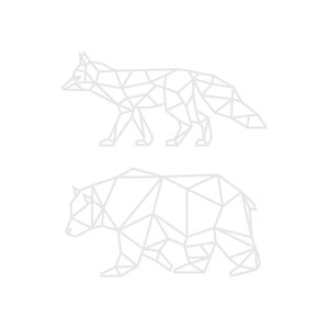 May include: A light gray geometric line art illustration featuring a fox standing in profile above a bear standing in profile. Both animals are constructed from interconnected straight lines forming a series of triangles and polygons.