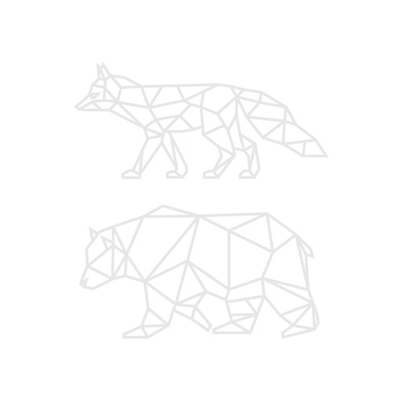 May include: A light gray geometric line art illustration featuring a fox standing in profile above a bear standing in profile. Both animals are constructed from interconnected straight lines forming a series of triangles and polygons.