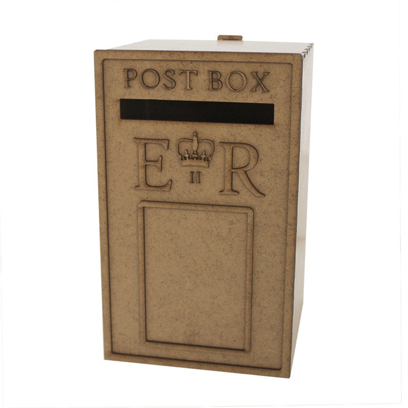 May include: A wooden post box with the words "POST BOX" above a mail slot. Below the slot are the letters "E" and "R" with a crown above them. The post box is a light brown color and has a rectangular shape.