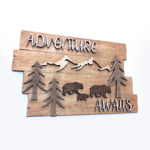 Adventure Awaits Mountain Bear Walling Hanging Sign - Décor Wall Art Laser Cut Wood