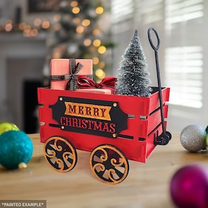Wooden Christmas Wagon with Merry Christmas Plaque – Festive Gift Holder