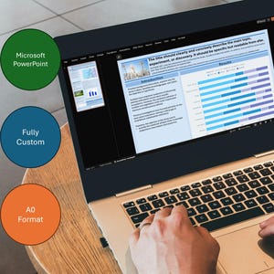Puede incluir: Un portátil muestra una presentación de Microsoft PowerPoint con un gráfico de barras y texto. La pantalla muestra el título "El título debe describir clara y concisamente el tema principal, el experimento o el descubrimiento. Debe ser específico pero legible desde lejos."