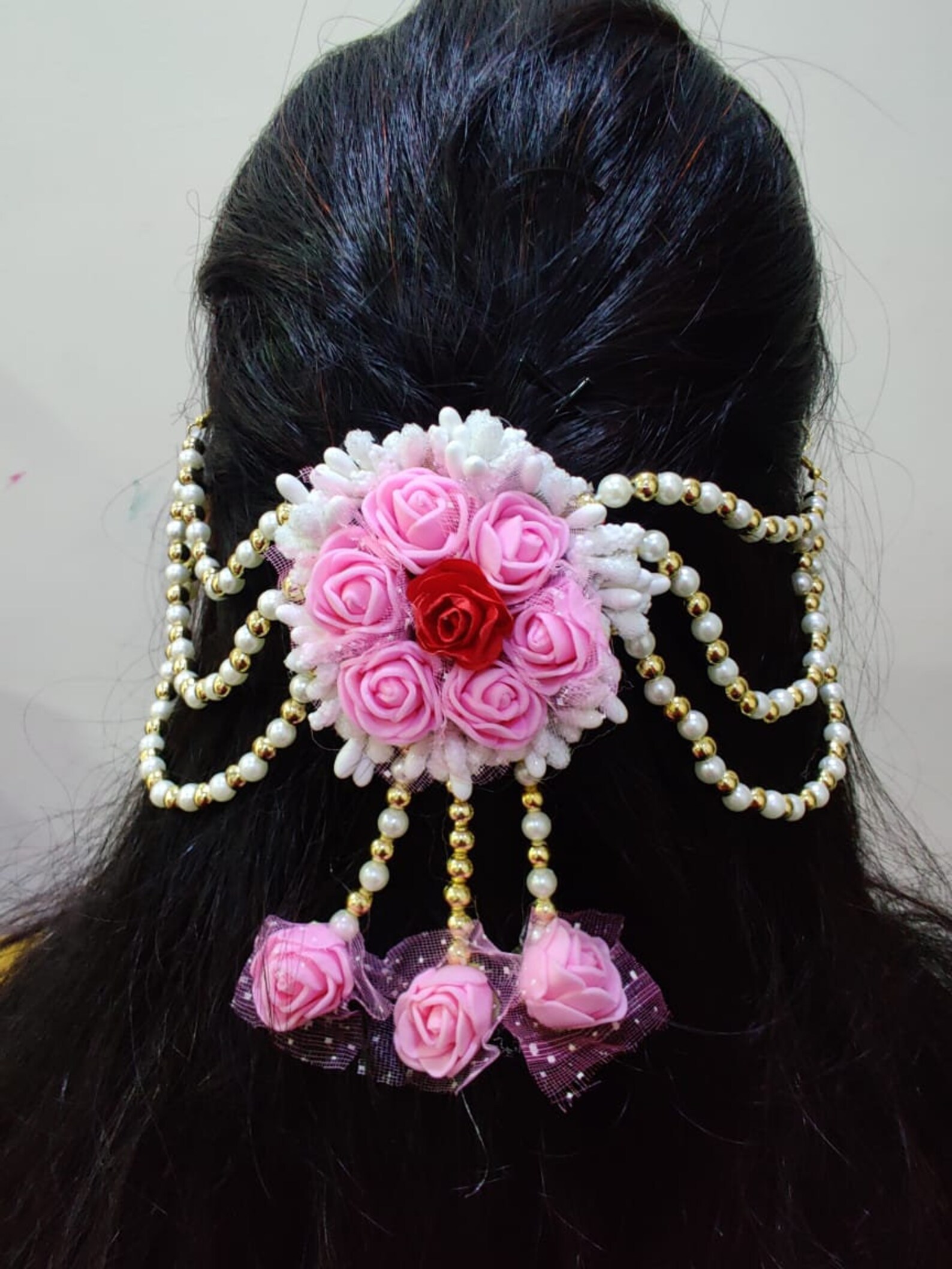 Artificial Flower Gajra Pink and White Colour Buds Veeni Hair Buns