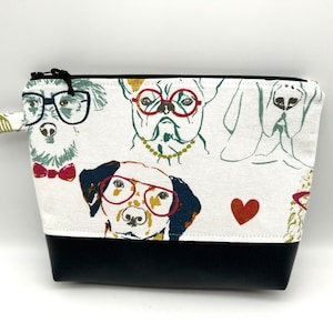 Canvas and faux leather pouch | Dog with glasses zippered pouch