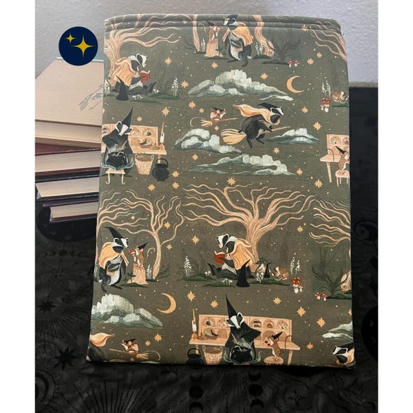 Forest Witch Book Sleeve, Whimsical Woodland Padded Sleeve for Readers, Zipper and Button Option