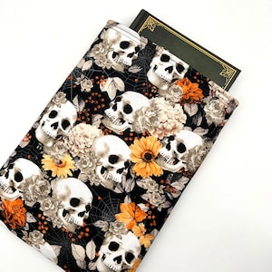 Floral and Skulls Padded Book Sleeve | With Zipper or Button Options