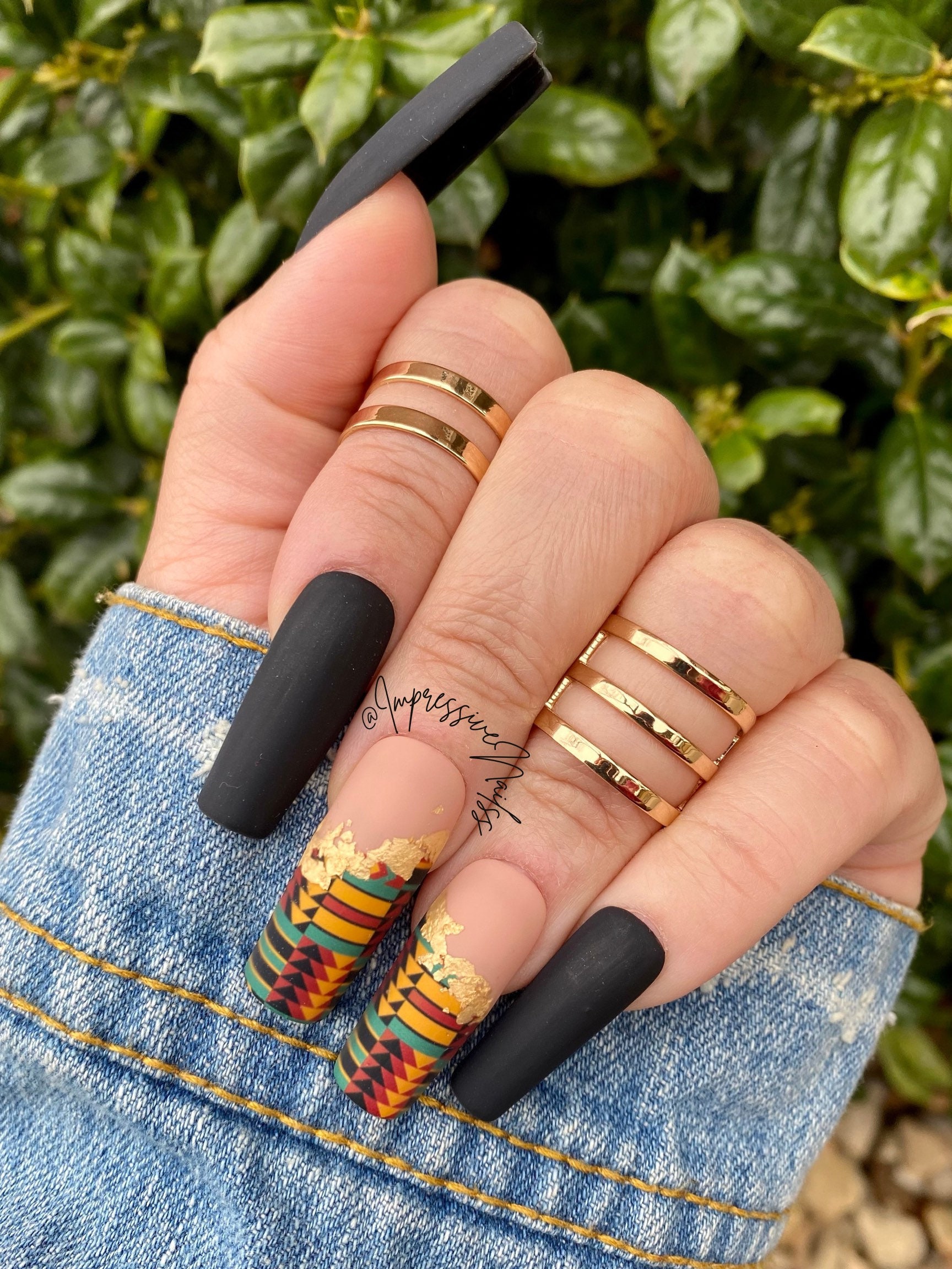 Matte Black Kente Press on Nails False Nails for the Etsy