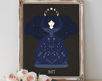 Art Poster Print - Nott Goddess v.1 Moon Norse Mythology Night Dark Universe Floral Plants Pagan Wiccan - Home Decor - House Warming Gift