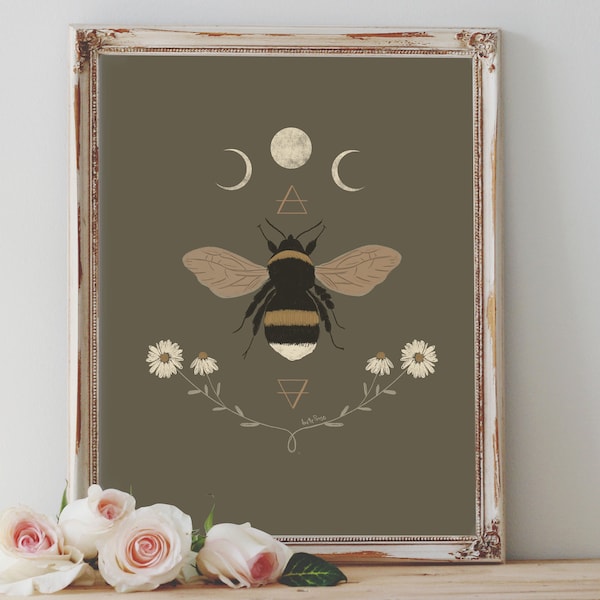 Art Poster Print - Sacred Bee Floral Moon Bees Pastel Pale New Age Aesthetic Wiccan Wicca Pagan Bohemian - Home Decor - House Warming Gift