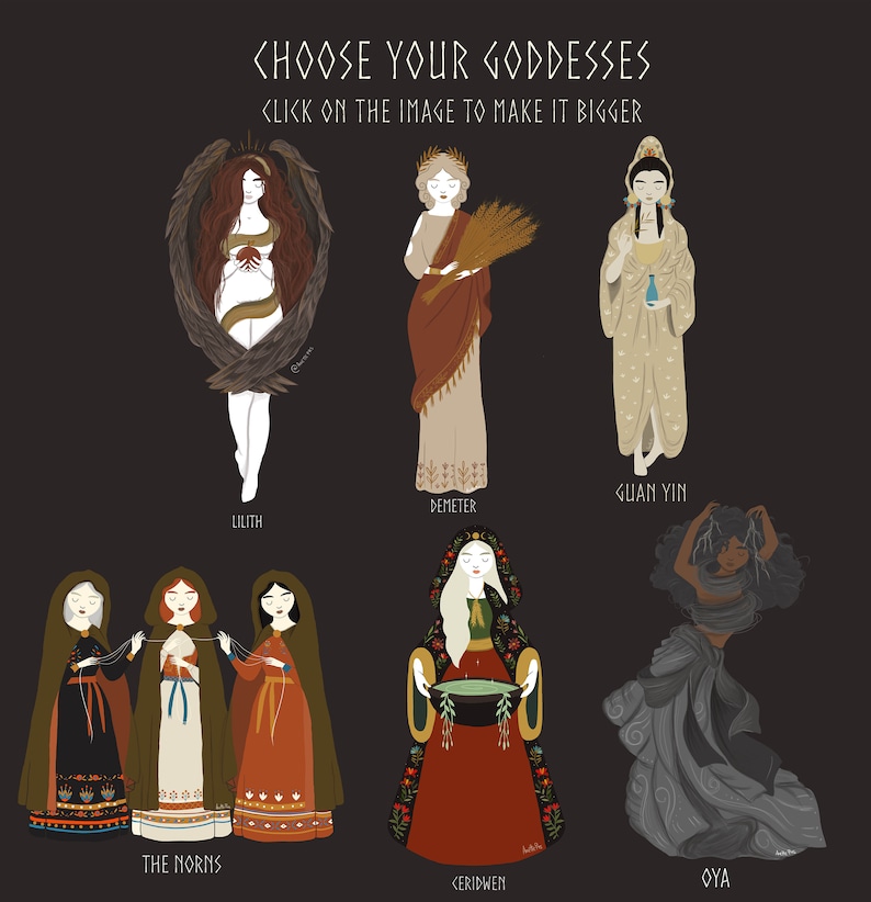May include: Illustration of nine goddesses from different mythologies. The goddesses are depicted in colorful clothing and are surrounded by various symbols. The goddesses include Lilith, Demeter, Guan Yin, The Norns, Ceridwen, and Oya.