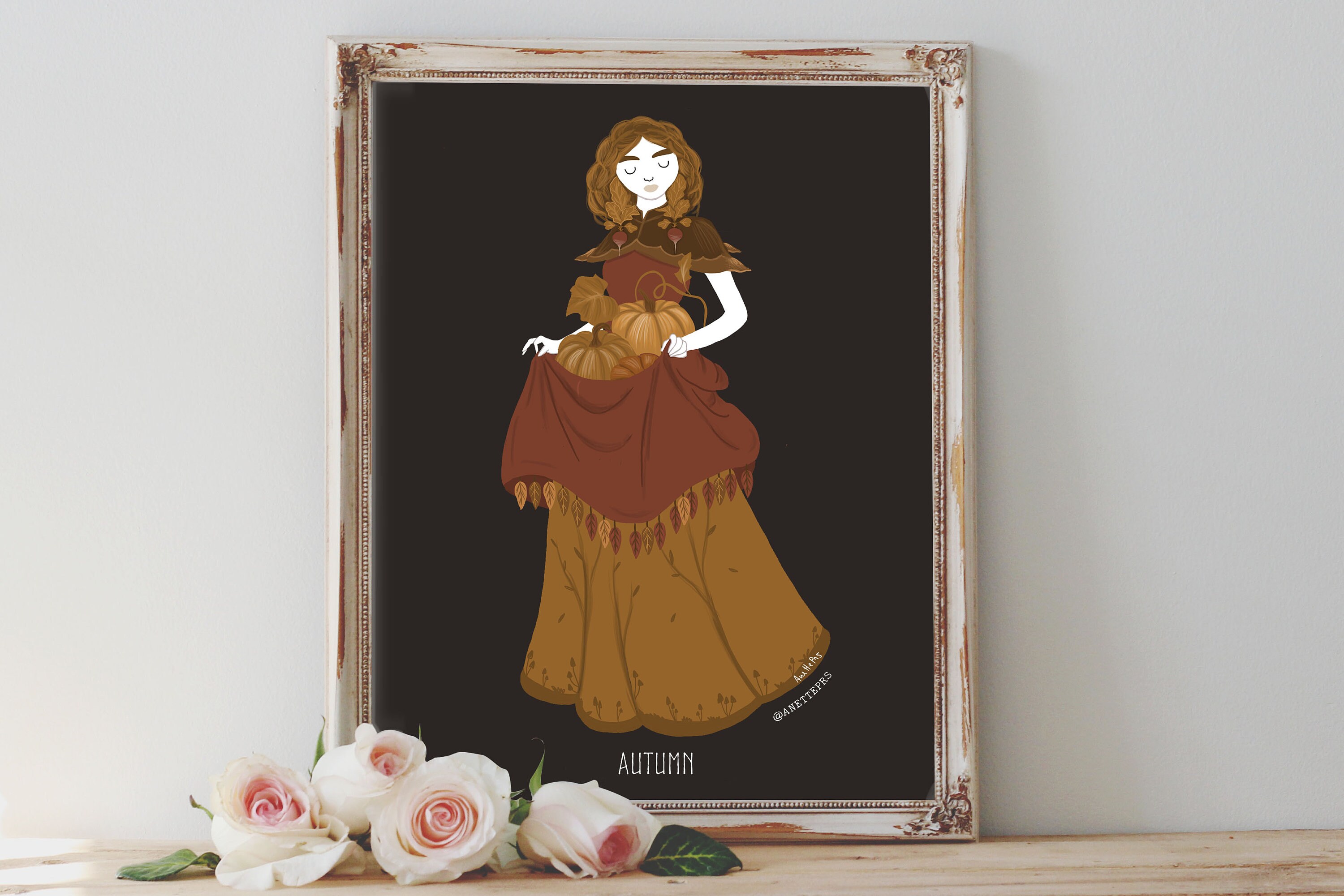 Art Poster Print - Autumn Goddess Pumpkin Ivy Mushrooms Divine Feminine Nature Pagan Wiccan Folk - Home Decor - House Warming Gift