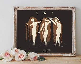 Art Poster Print - Nymphs Nymph Goddess Greek Mythology Moon Divine Feminine Pagan Wiccan Folk - Home Decor - House Warming Gift