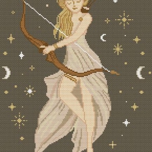 May include: A cross-stitch design of Artemis, the Greek goddess of the hunt. She is depicted with a bow and arrow, wearing a flowing white dress and a crescent moon crown. The background is a dark gray with gold stars and moons. The word "ARTEMIS" is at the bottom.