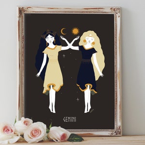 Plakat artystyczny - Bliźnięta, bogini zodiaku, słońce i księżyc, bliźnięta, światło, ciemność, boho, boho, pogański, wiccan, ludowy - wystrój domu - prezent na parapetówkę