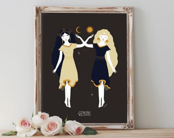 Impresión de póster artístico: diosa del zodíaco Géminis, sol y luna, gemelos, luz, oscuridad, boho, boho, pagano, wiccan, folklore, decoración del hogar, regalo de inauguración de la casa