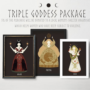 Pacote de arte da deusa tripla - Deusas gregas celtas nórdicas eslavas - Pagan Wiccan Heathen Decoração de parede do altar - Arte feminina, arte da deusa