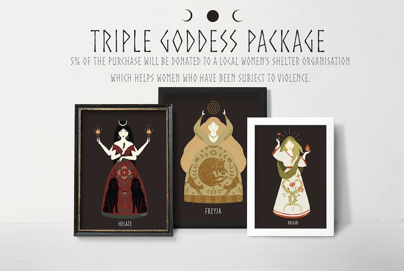 May include: Three framed prints featuring illustrations of goddesses. The prints are titled "Hecate", "Freyja", and "Rind". The prints are on a white background.