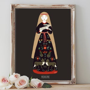 Art Poster Print - Medeine Goddess v.1 Lithuanian Mythology Slavic Folk Illustration Bohemian Floral Pagan - Home Decor - House Warming Gift