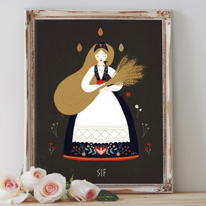 Art Poster Print - Sif Goddess v.1 Norse Mythology Thor Field Floral Wild Nature Pagan Wiccan Folk Art- Home Decor - House Warming Gift