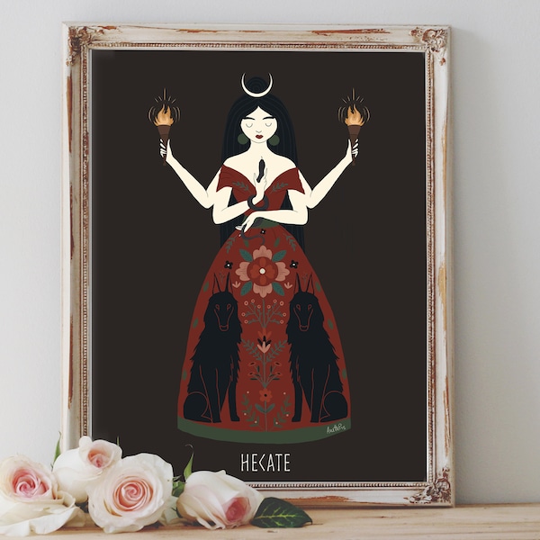 Art Poster Print - Hecate Goddess Greek Mythology Moon Witchcraft Witch Goth Floral Pagan Wiccan Folk - Home Decor - House Warming Gift