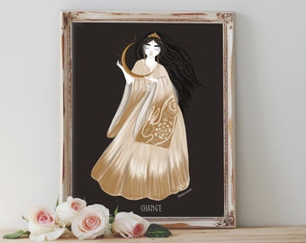 Impresión de póster artístico: Diosa de la luna Chang'e, mitología china, conejo, diosa femenina divina Chang'o - Decoración del hogar - Regalo de inauguración de la casa