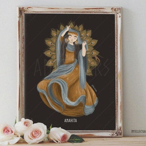Impresión de póster artístico: Anahita, diosa de la mitología persa, diosa femenina divina, agua, flores, naturaleza, pagana, wiccana, folklore. Decoración del hogar. Regalo de inauguración de la casa.