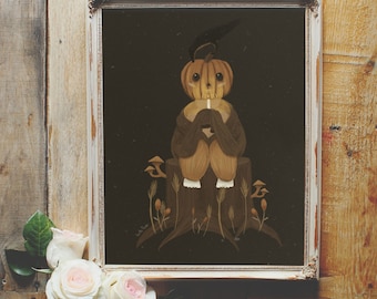 Art Poster Print - Halloween Little Pumpkin Creature Wicca Wiccan Pagan Crow Raven Automne Esthétique - Décoration - Maison Warming Gift
