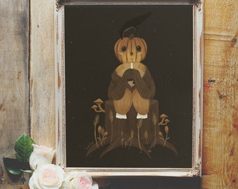Art Poster Print - Halloween Little Pumpkin Creature Wicca Wiccan Pagan Crow Raven Autumn Fall Aesthetic - Home Decor - House Warming Gift