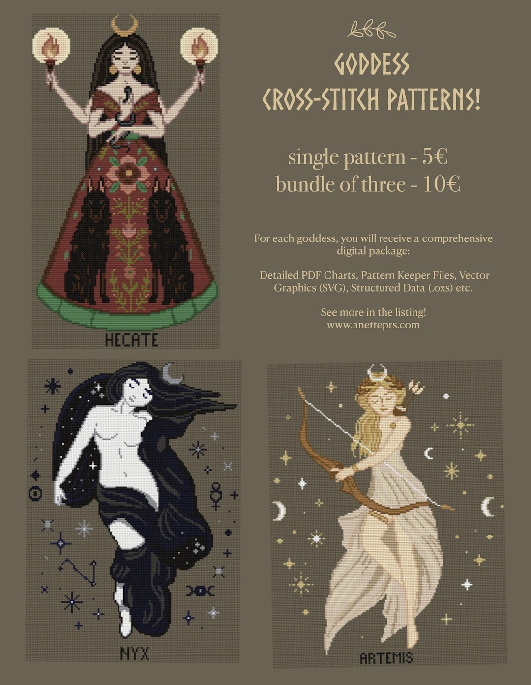 Goddess Cross Stitch Pattern Pack Digital Download File - Artemis ...