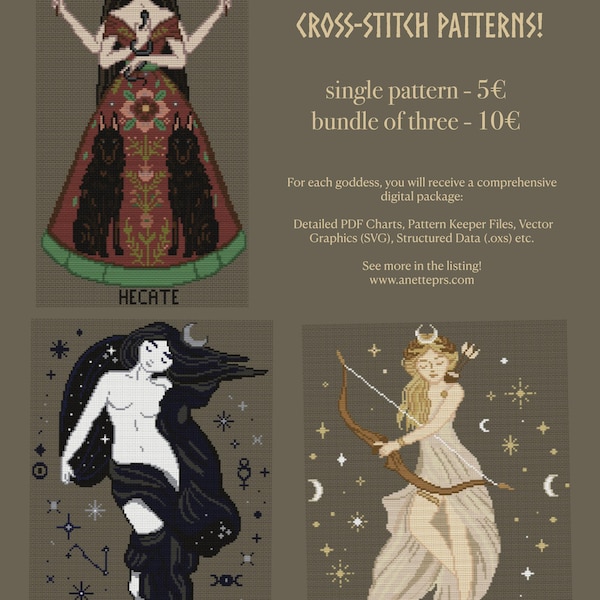 Goddess Cross Stitch Pattern Pack Digital Download File - Artemis Hecate Nyx - Personal Use Only!